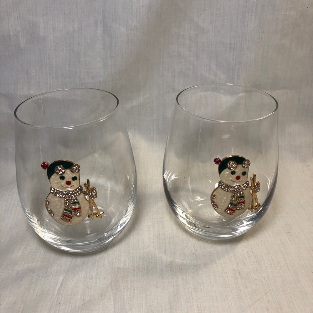 Pair of Jeweled Snowman Stemless Wine Glasses. Hand Wash Only!